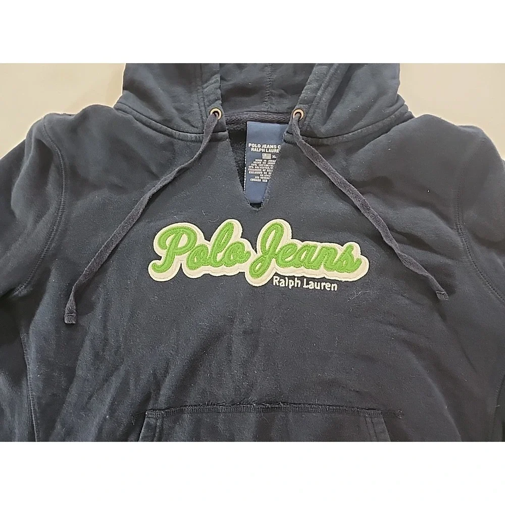 Vintage Polo Jeans Co Ralph‎ Lauren Hoodie Youth XL Fits Mens Small Navy Green